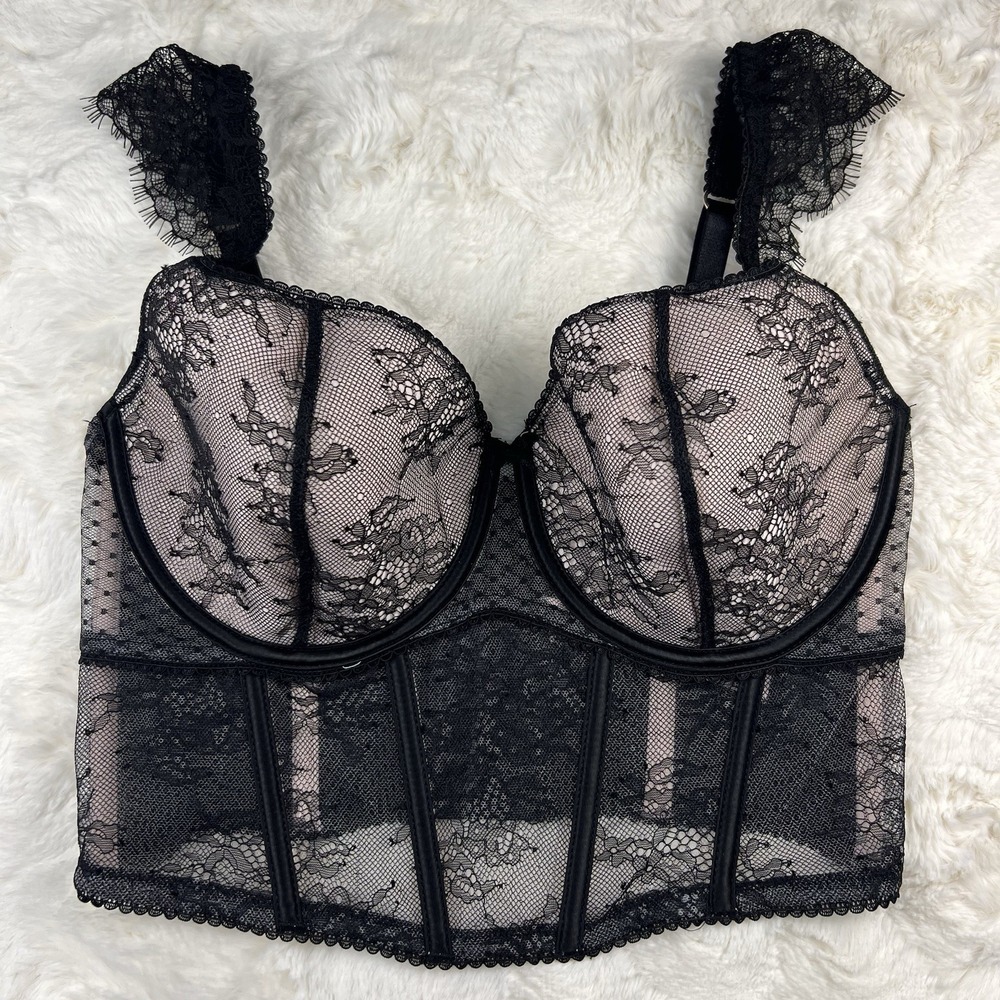 Victoria's Secret Dream Angels Corset Top Lace Mesh Black M Cap Sleeve NWT